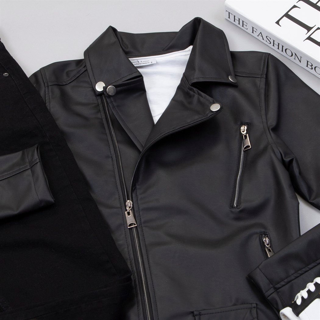 Çapraz Fermuarlı Siyah Deri Ceket Tişört Pantolon Ayakkabı Kombin