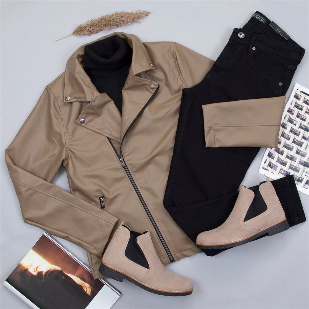 Çapraz Fermuarlı Sütlü Kahve Deri Ceket Boğazlı Kazak Pantolon Bot Kombin