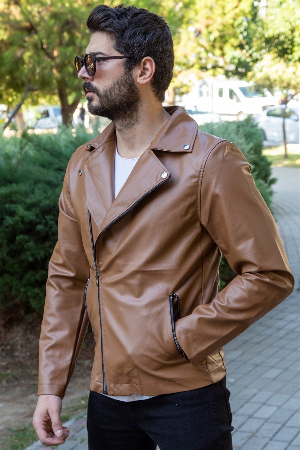 Çapraz Fermuarlı Taba Deri Ceket