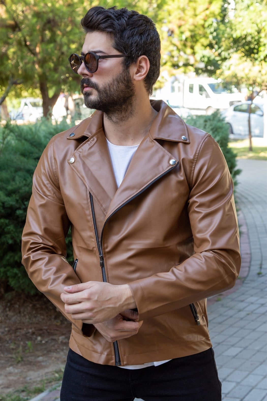 Çapraz Fermuarlı Taba Deri Ceket