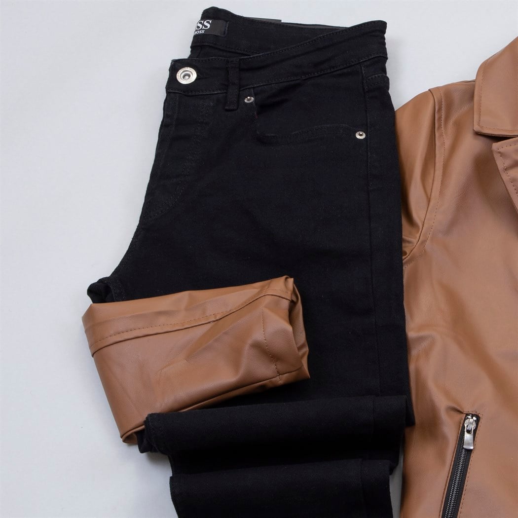 Çapraz Fermuarlı Taba Deri Ceket Tişört Pantolon Ayakkabı Kombin