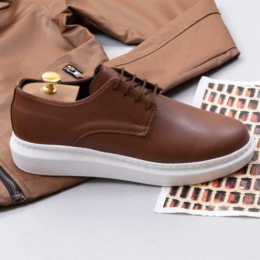 Çapraz Fermuarlı Taba Deri Ceket Tişört Pantolon Ayakkabı Kombin