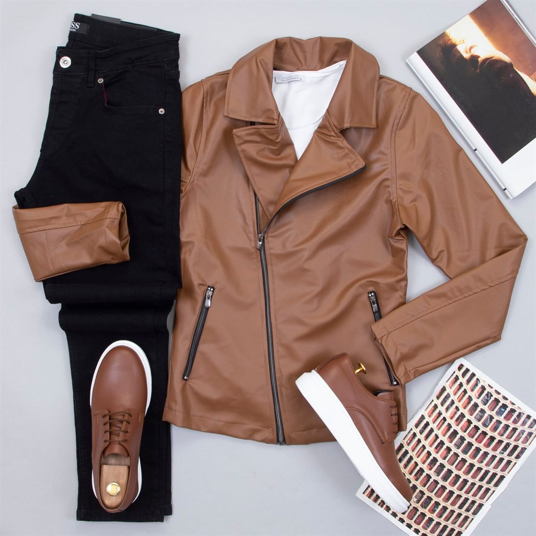 Çapraz Fermuarlı Taba Deri Ceket Tişört Pantolon Ayakkabı Kombin