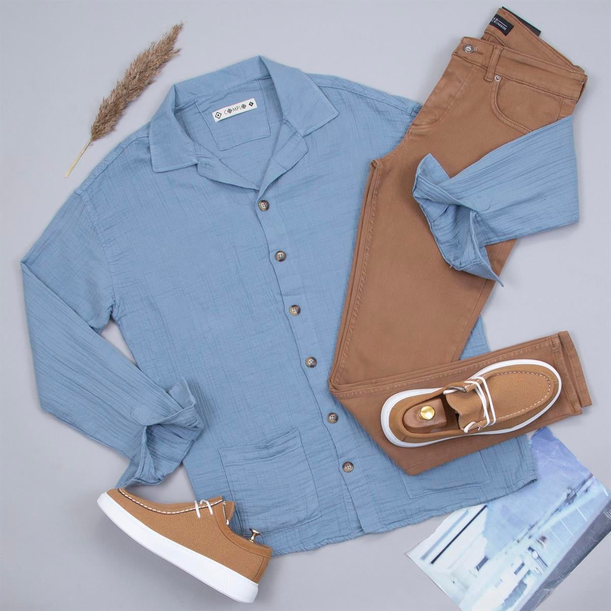 Çift Cepli Mavi Gömlek Pantolon Ayakkabı Kombin