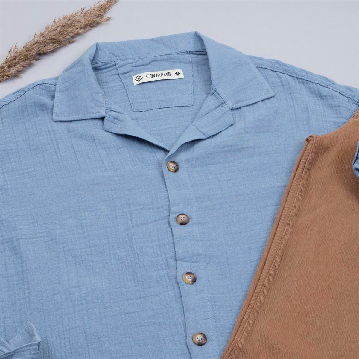 Çift Cepli Mavi Gömlek Pantolon Ayakkabı Kombin