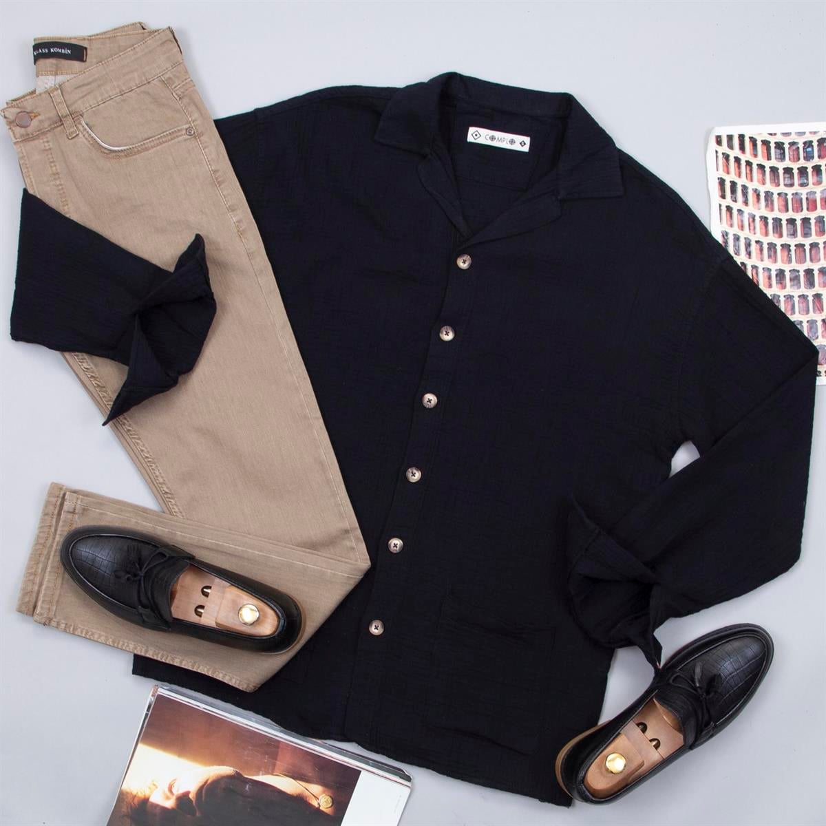 Çift Cepli Siyah Gömlek Pantolon Ayakkabı Kombin