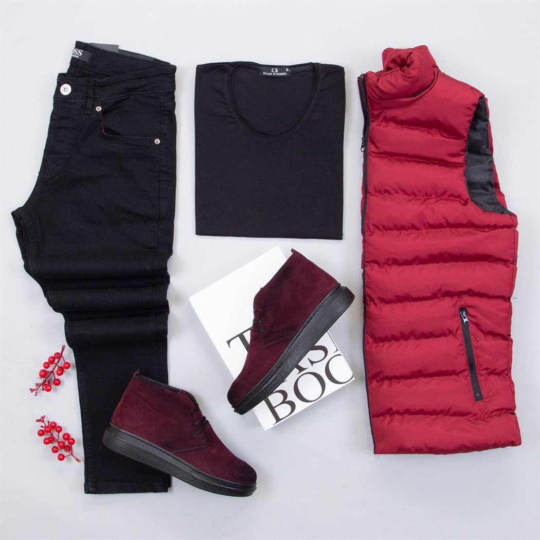 Çıkarılabilir Kapşonlu Bordo Şişme Yelek Tişört Pantolon Ayakkabı Kombin