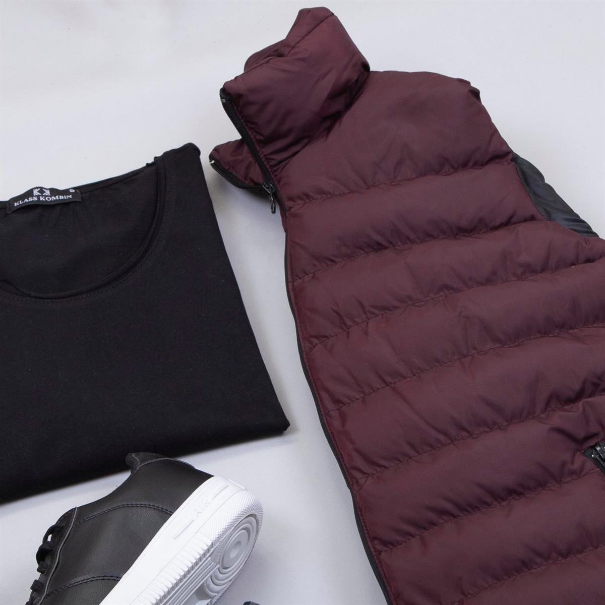 Çıkarılabilir Kapşonlu Bordo Şişme Yelek Tişört Pantolon Ayakkabı Kombin