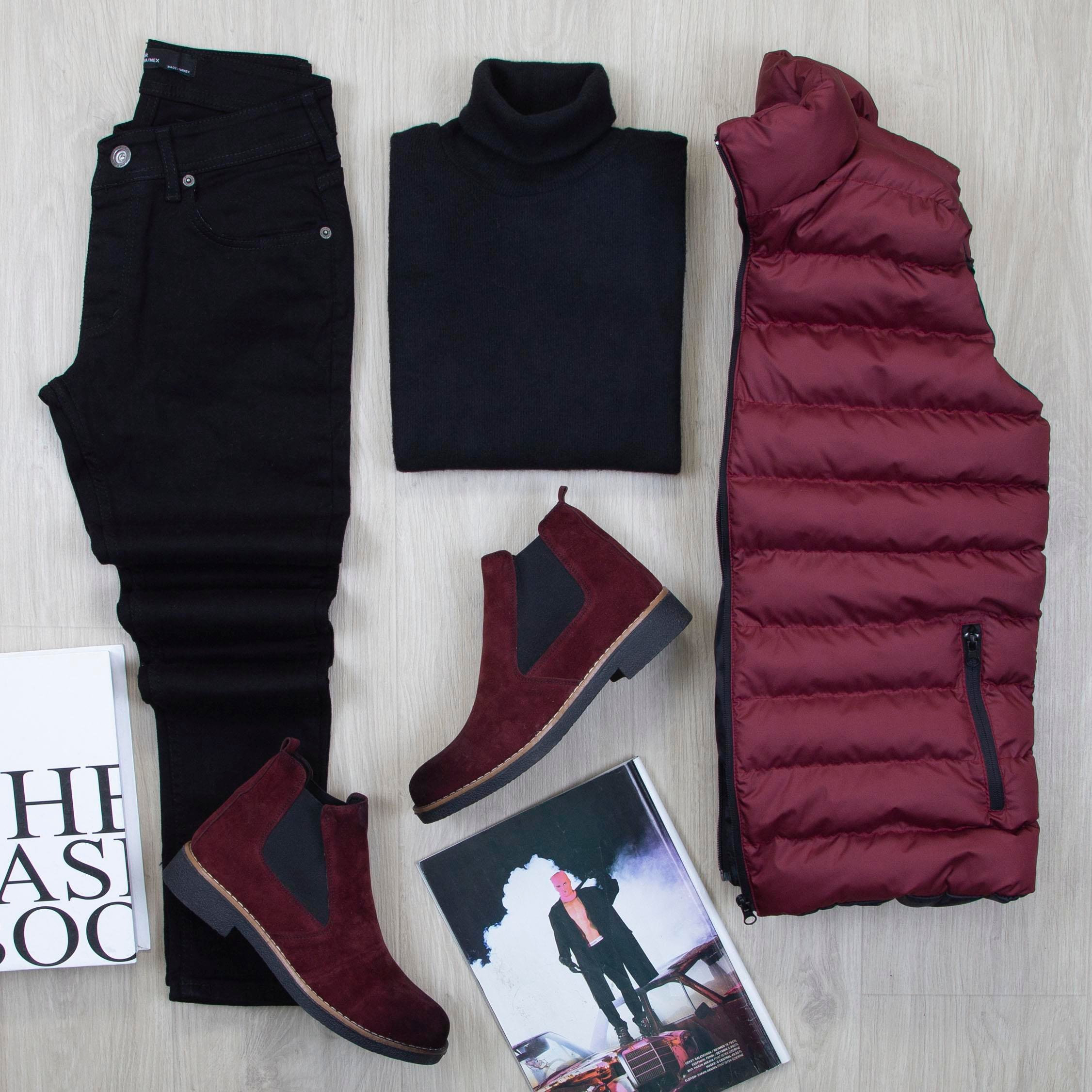 Çıkarılabilir Kapşonlu Bordo Şişme Yelek Boğazlı Body Pantolon Bot Kombin