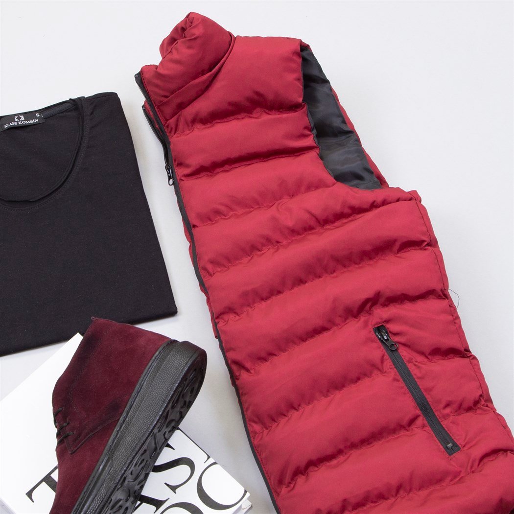 Çıkarılabilir Kapşonlu Bordo Şişme Yelek Tişört Pantolon Ayakkabı Kombin