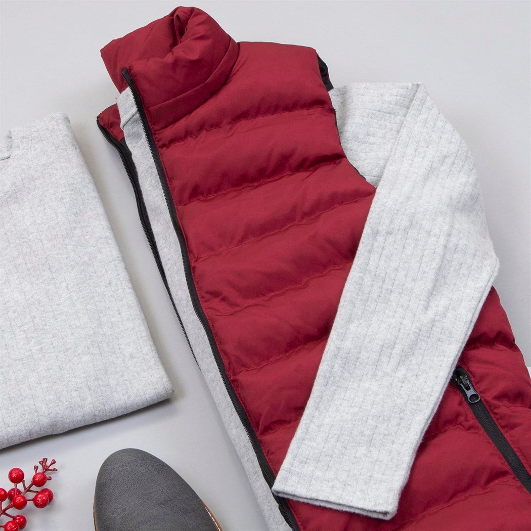 Çıkarılabilir Kapşonlu Bordo Şişme Yelek Body Pantolon Bot Kombin