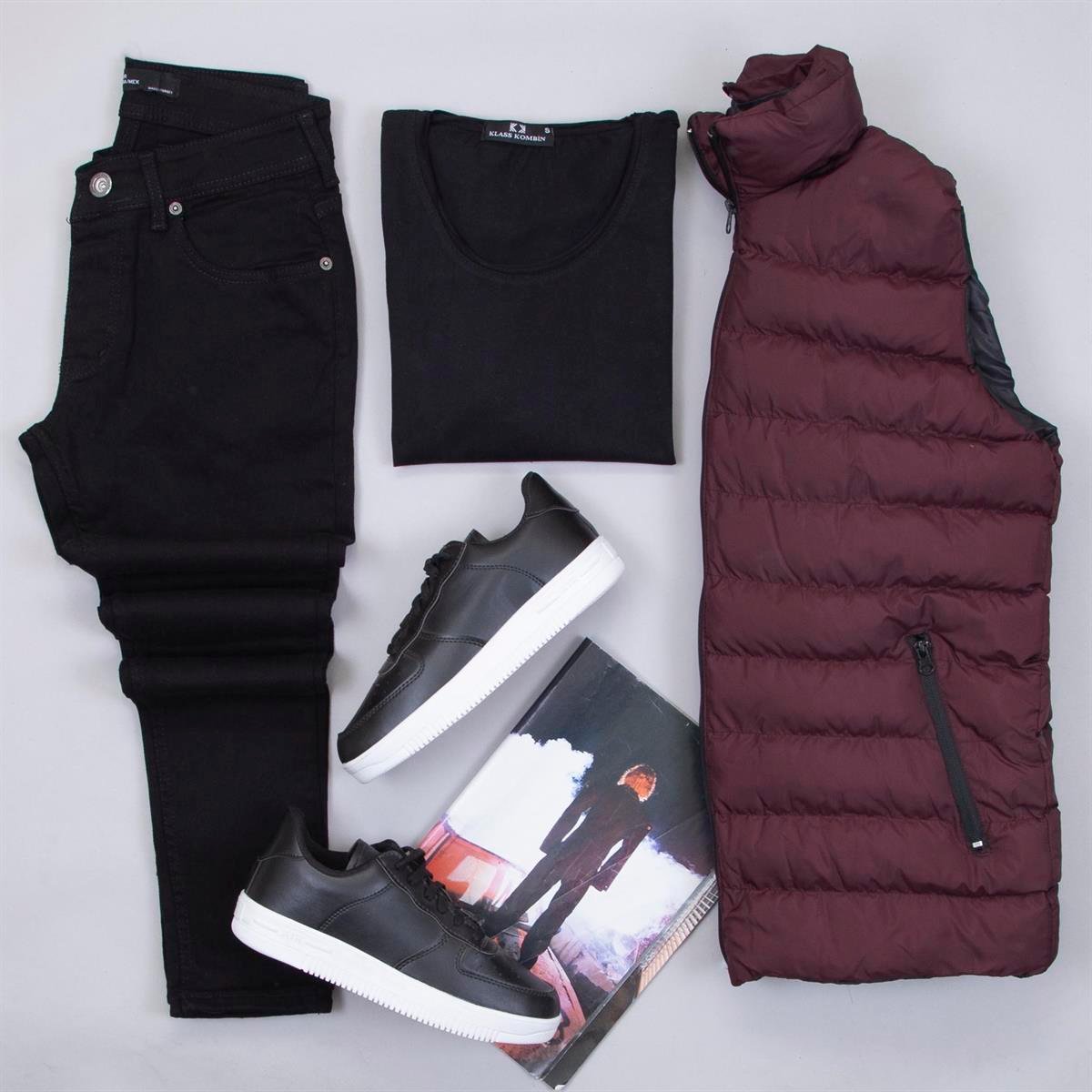 Çıkarılabilir Kapşonlu Bordo Şişme Yelek Tişört Pantolon Ayakkabı Kombin