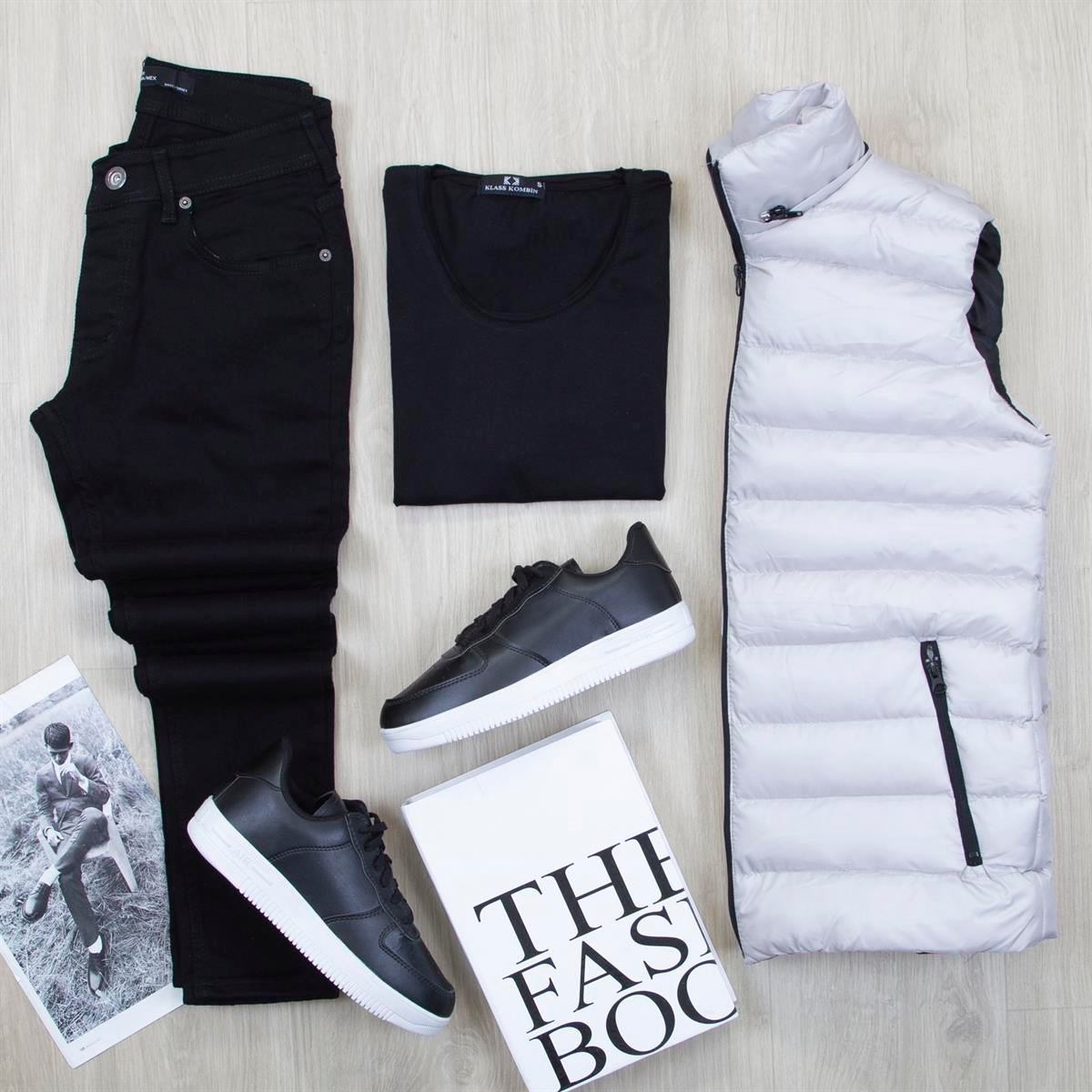 Çıkarılabilir Kapşonlu Gri Şişme Yelek Tişört Pantolon Ayakkabı Kombin