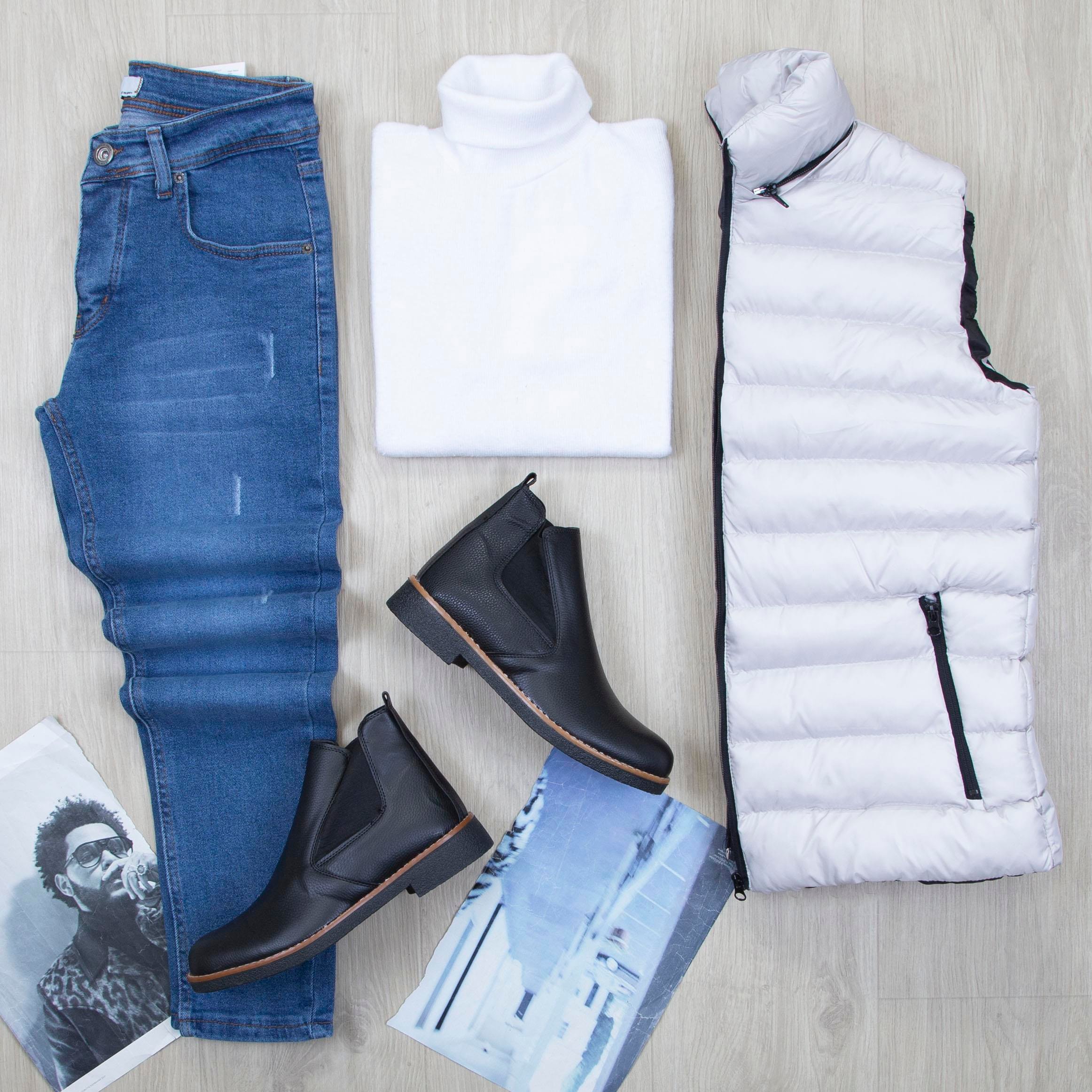 Çıkarılabilir Kapşonlu Gri Şişme Yelek Boğazlı Body Pantolon Bot Kombin