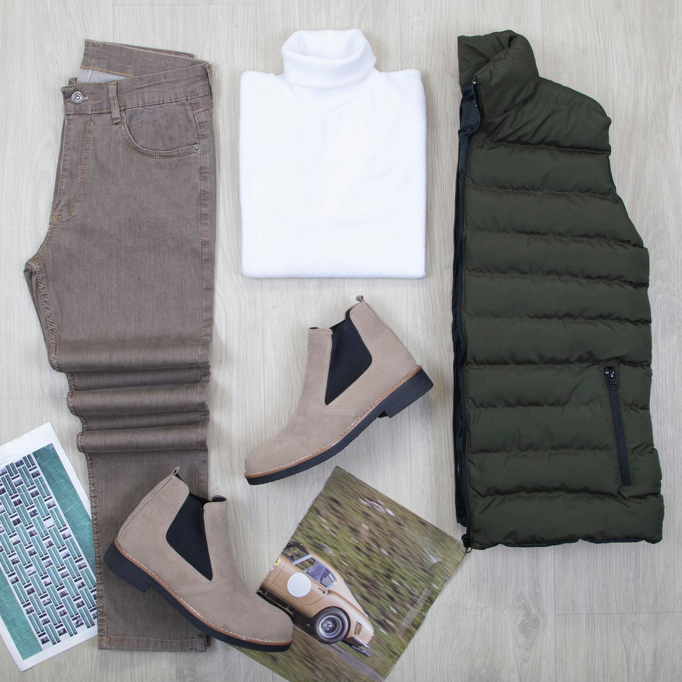 Çıkarılabilir Kapşonlu Haki Şişme Yelek Boğazlı Body Pantolon Bot Kombin