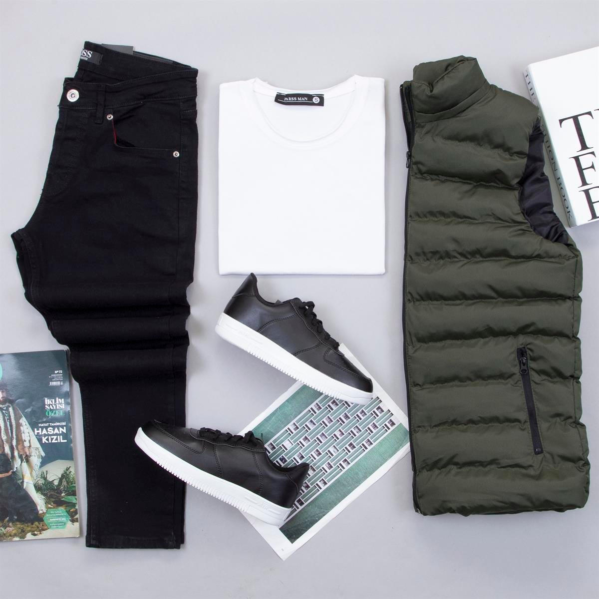 Çıkarılabilir Kapşonlu Haki Şişme Yelek Tişört Pantolon Ayakkabı Kombin