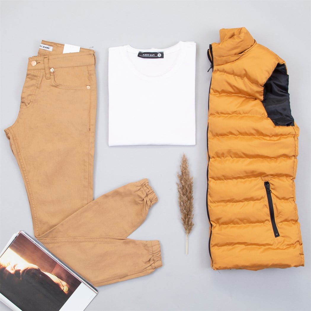 Çıkarılabilir Kapşonlu Hardal Şişme Yelek Tişört Paça Lastikli Pantolon Kombin