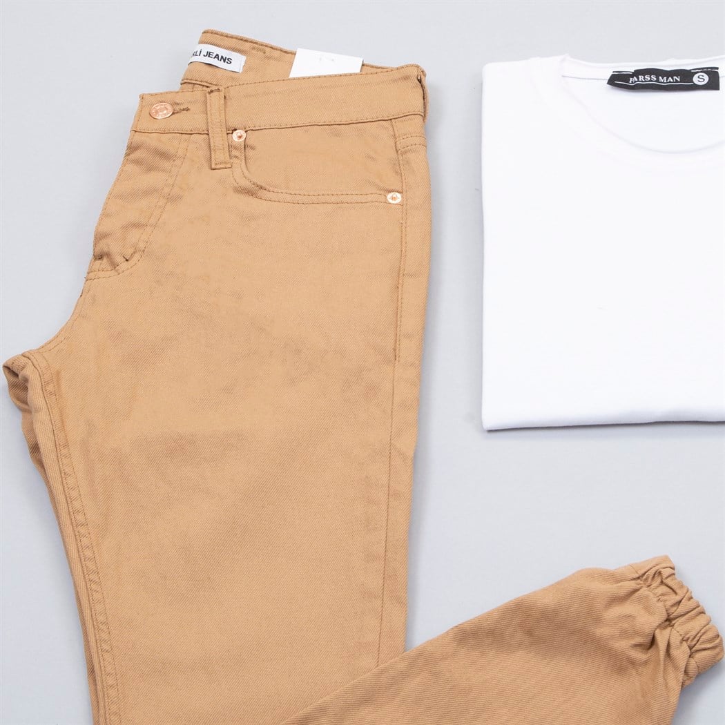 Çıkarılabilir Kapşonlu Hardal Şişme Yelek Tişört Paça Lastikli Pantolon Kombin