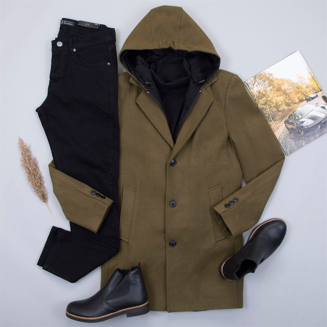 Çıkarılabilir Kapşonlu Kaşe Kaban Boğazlı Kazak Pantolon Bot Kombin