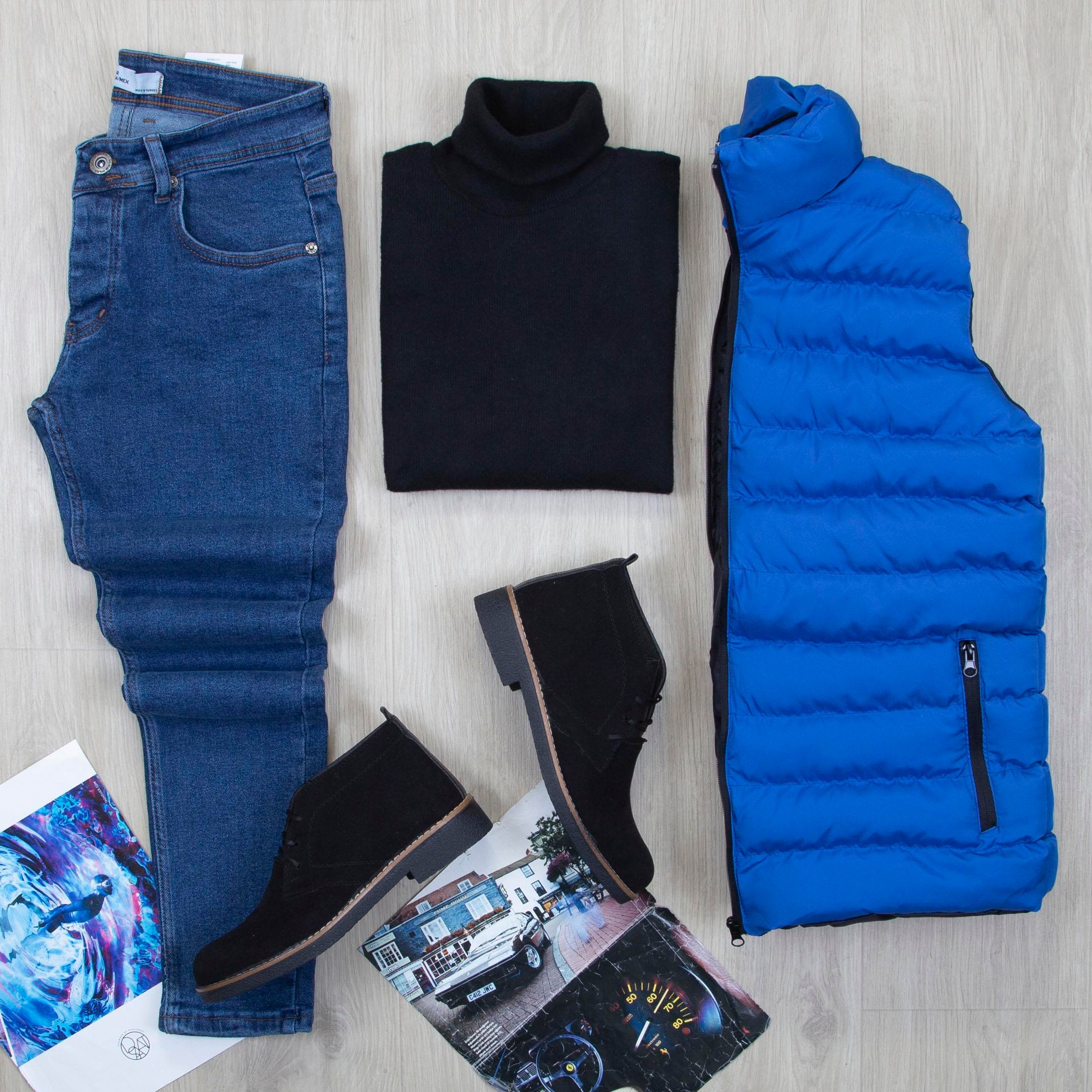 Çıkarılabilir Kapşonlu Mavi Şişme Yelek Boğazlı Body Pantolon Bot Kombin