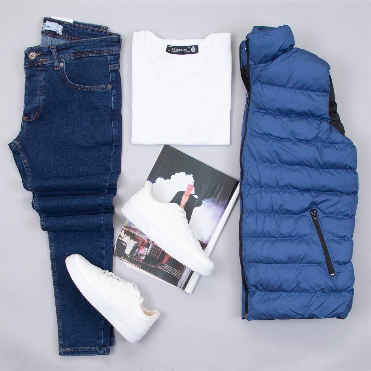 Çıkarılabilir Kapşonlu Mavi Şişme Yelek Tişört Pantolon Ayakkabı Kombin