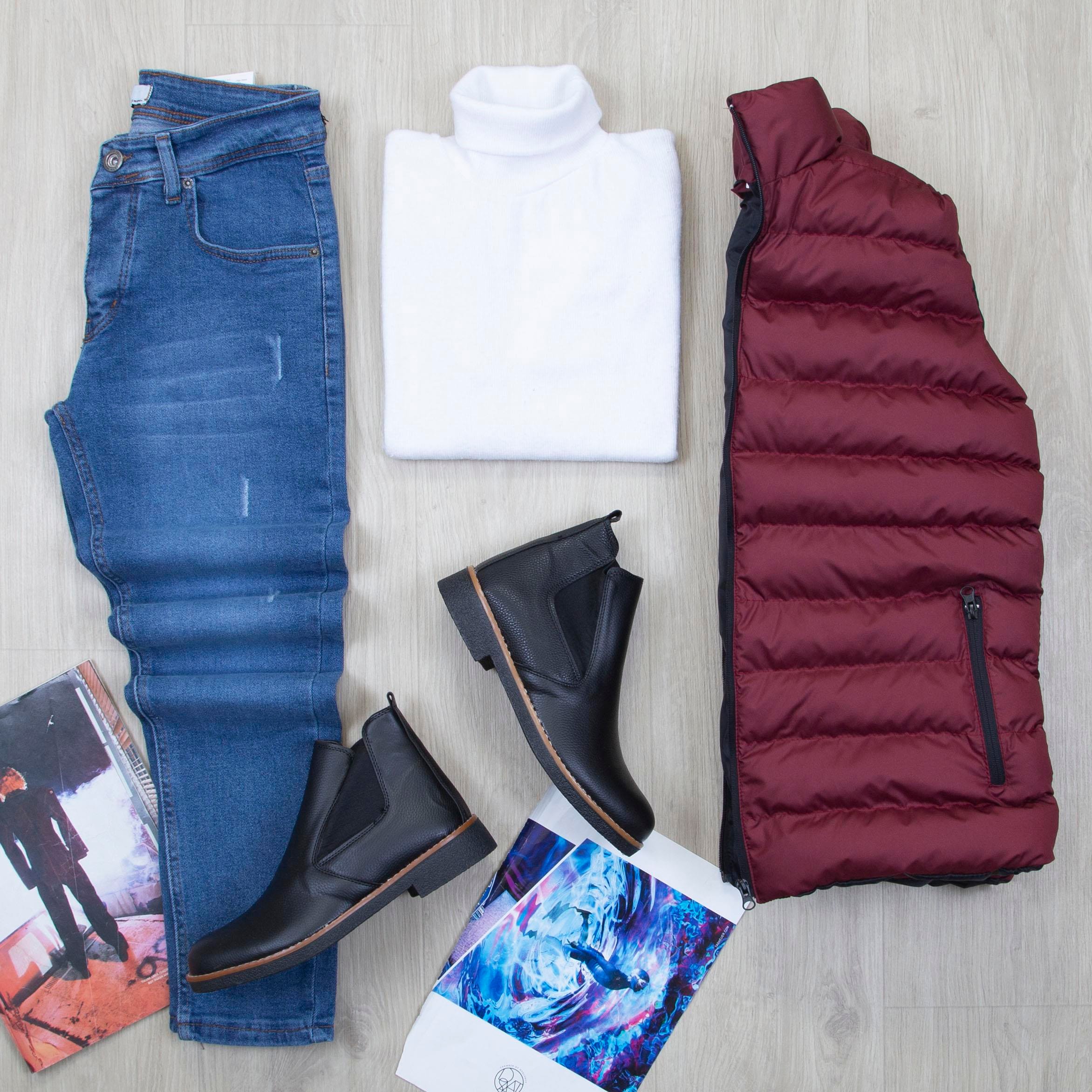 Çıkarılabilir Kapşonlu Şişme Yelek Boğazlı Body Pantolon Bot Kombin