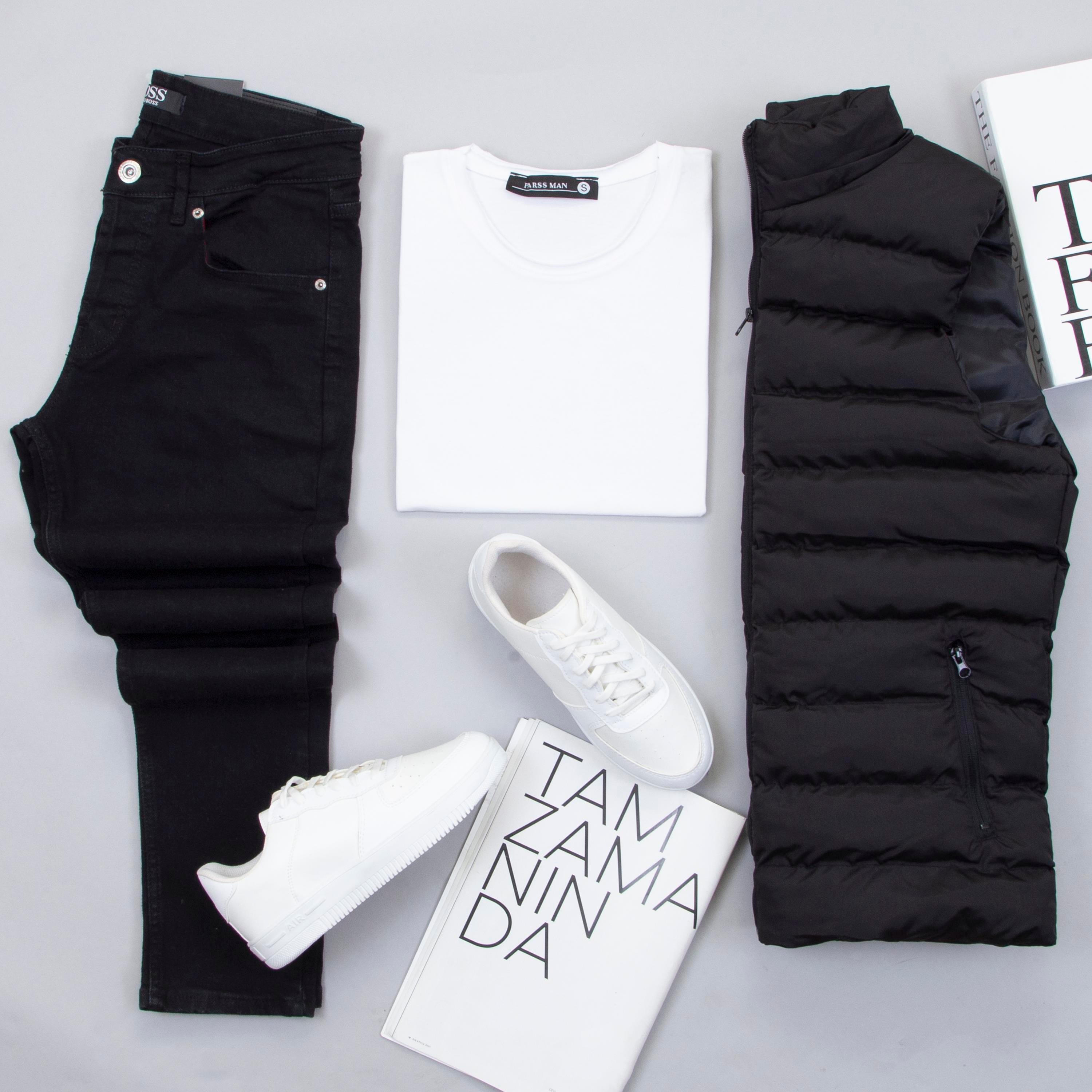 Çıkarılabilir Kapşonlu Şişme Yelek Tişört Pantolon Ayakkabı Kombin