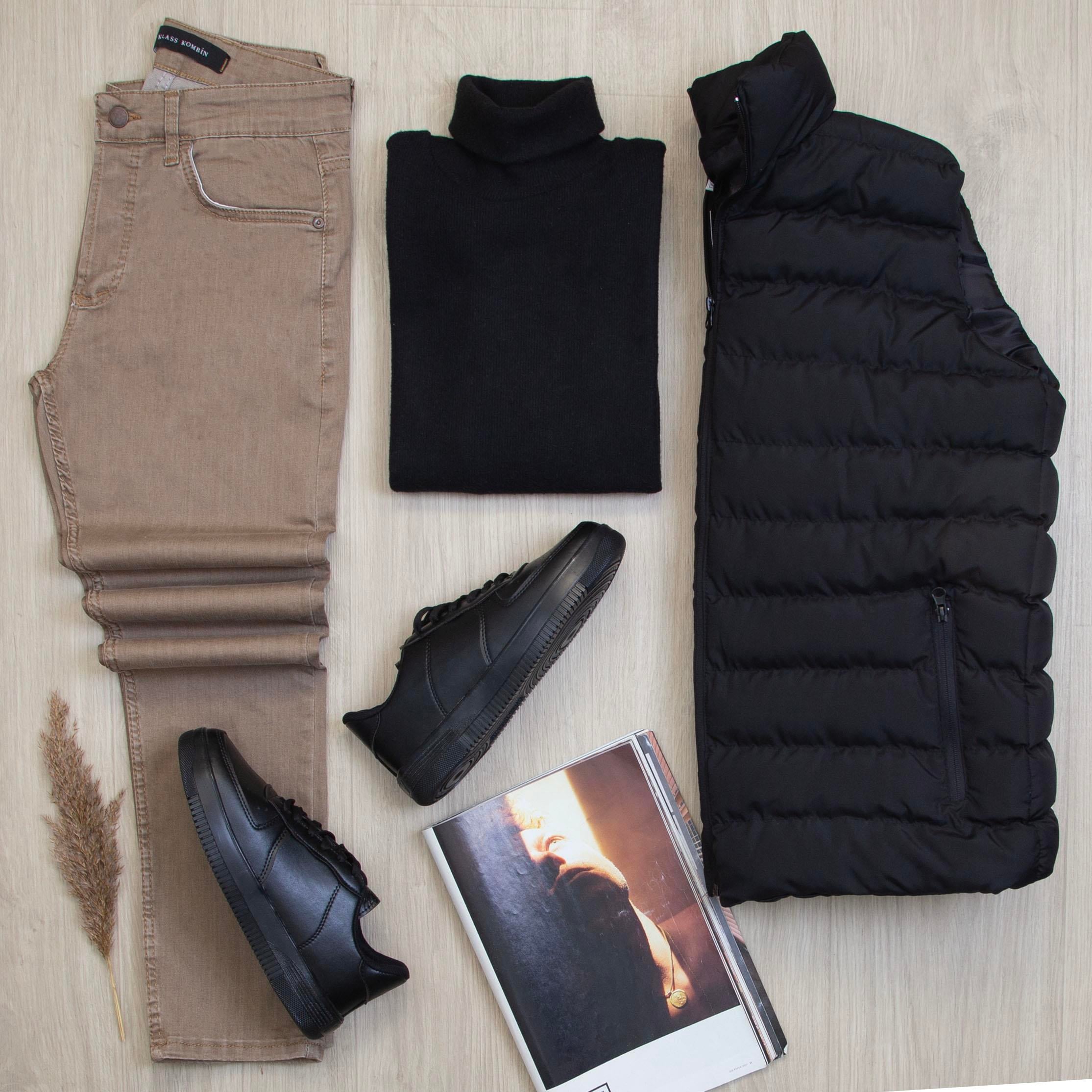 Çıkarılabilir Kapşonlu Siyah Şişme Yelek Boğazlı Body Pantolon Ayakkabı Kombin