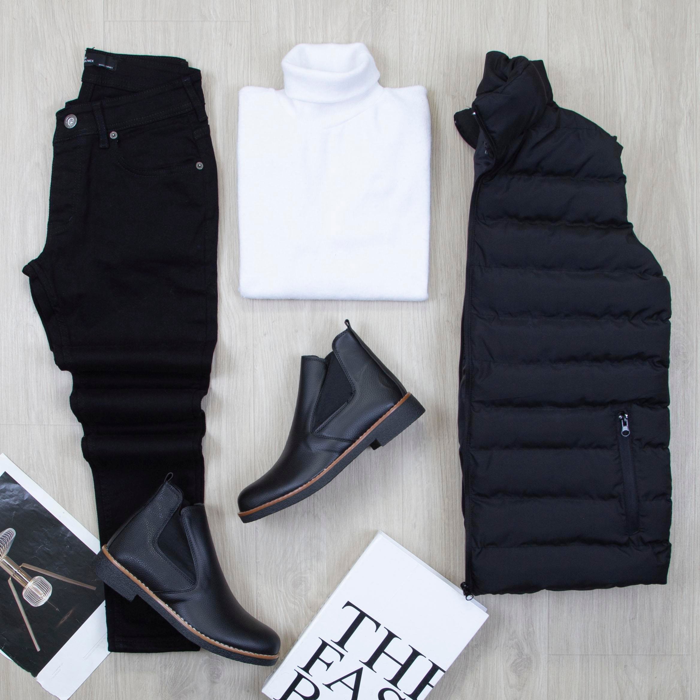 Çıkarılabilir Kapşonlu Siyah Şişme Yelek Boğazlı Body Pantolon Bot Kombin