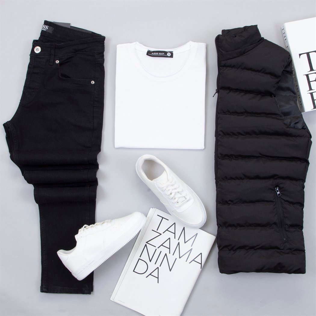 Çıkarılabilir Kapşonlu Siyah Şişme Yelek Tişört Pantolon Ayakkabı Kombin