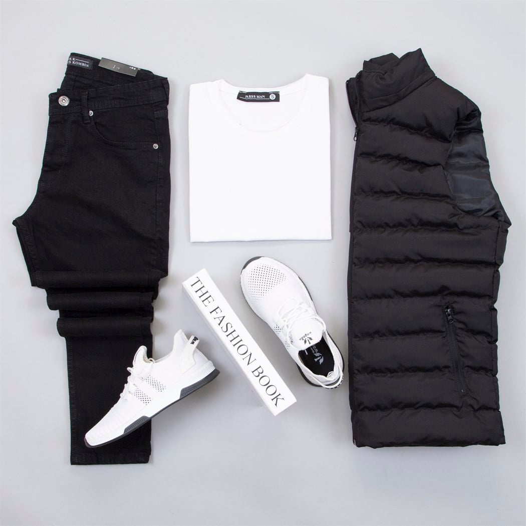 Çıkarılabilir Kapşonlu Siyah Şişme Yelek Tişört Pantolon Ayakkabı Kombin