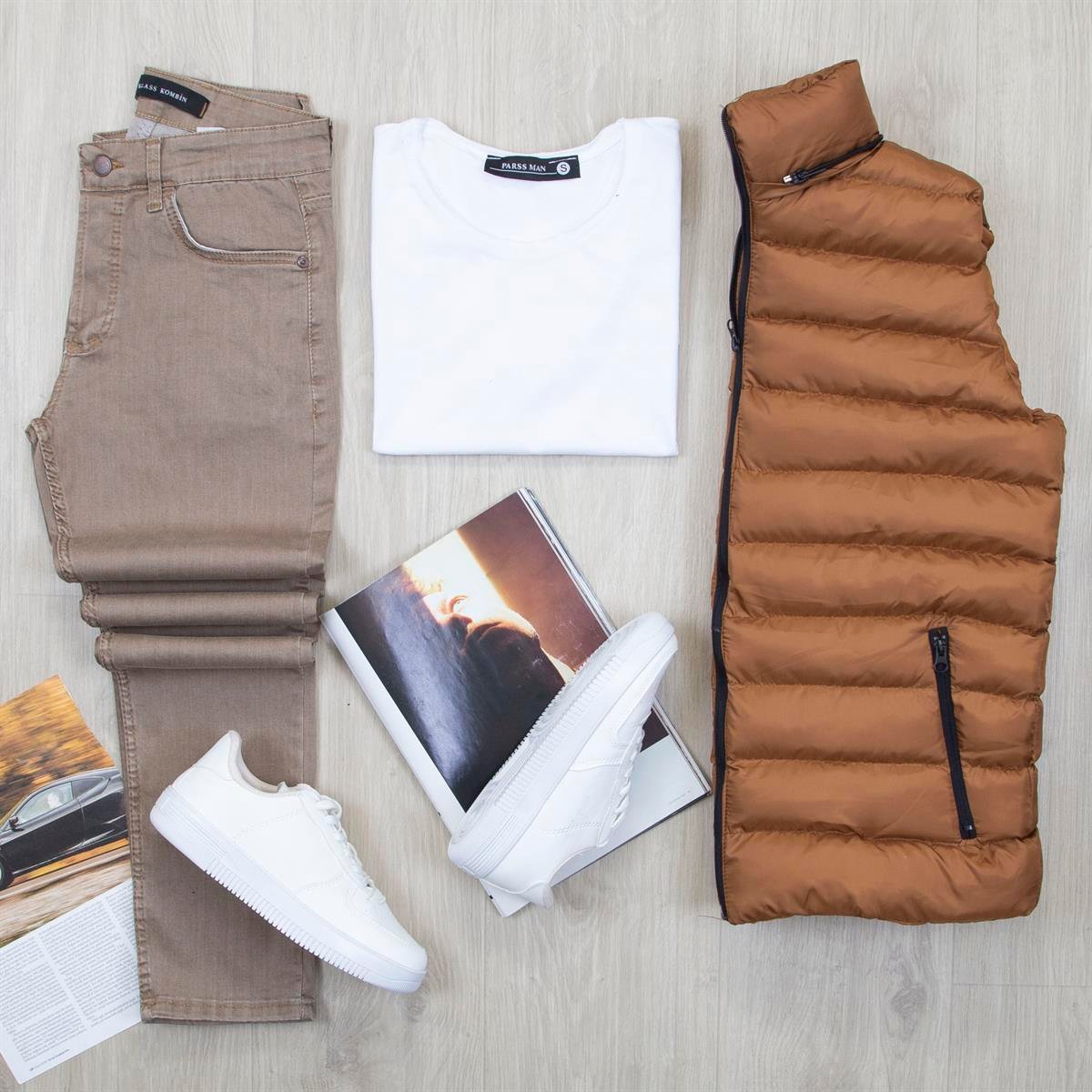 Çıkarılabilir Kapşonlu Taba Şişme Yelek Tişört Pantolon Ayakkabı Kombin