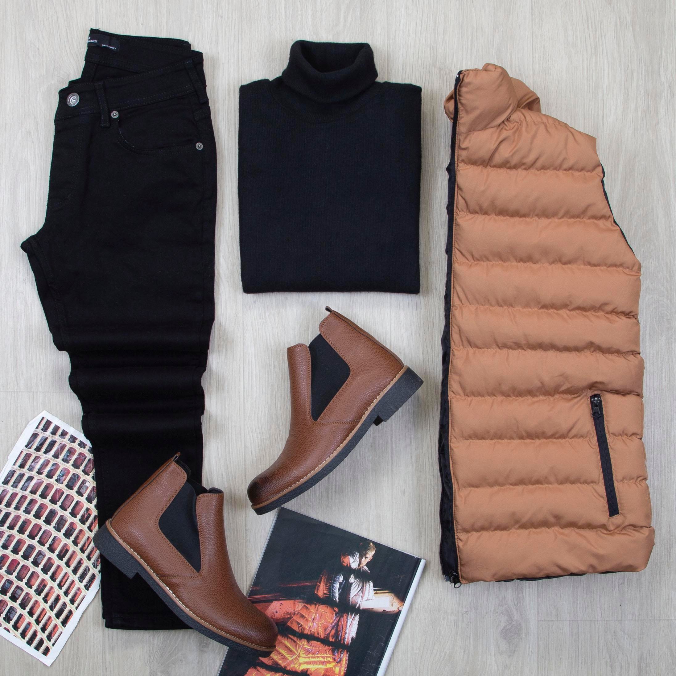 Çıkarılabilir Kapşonlu Taba Şişme Yelek Boğazlı Body Pantolon Bot Kombin