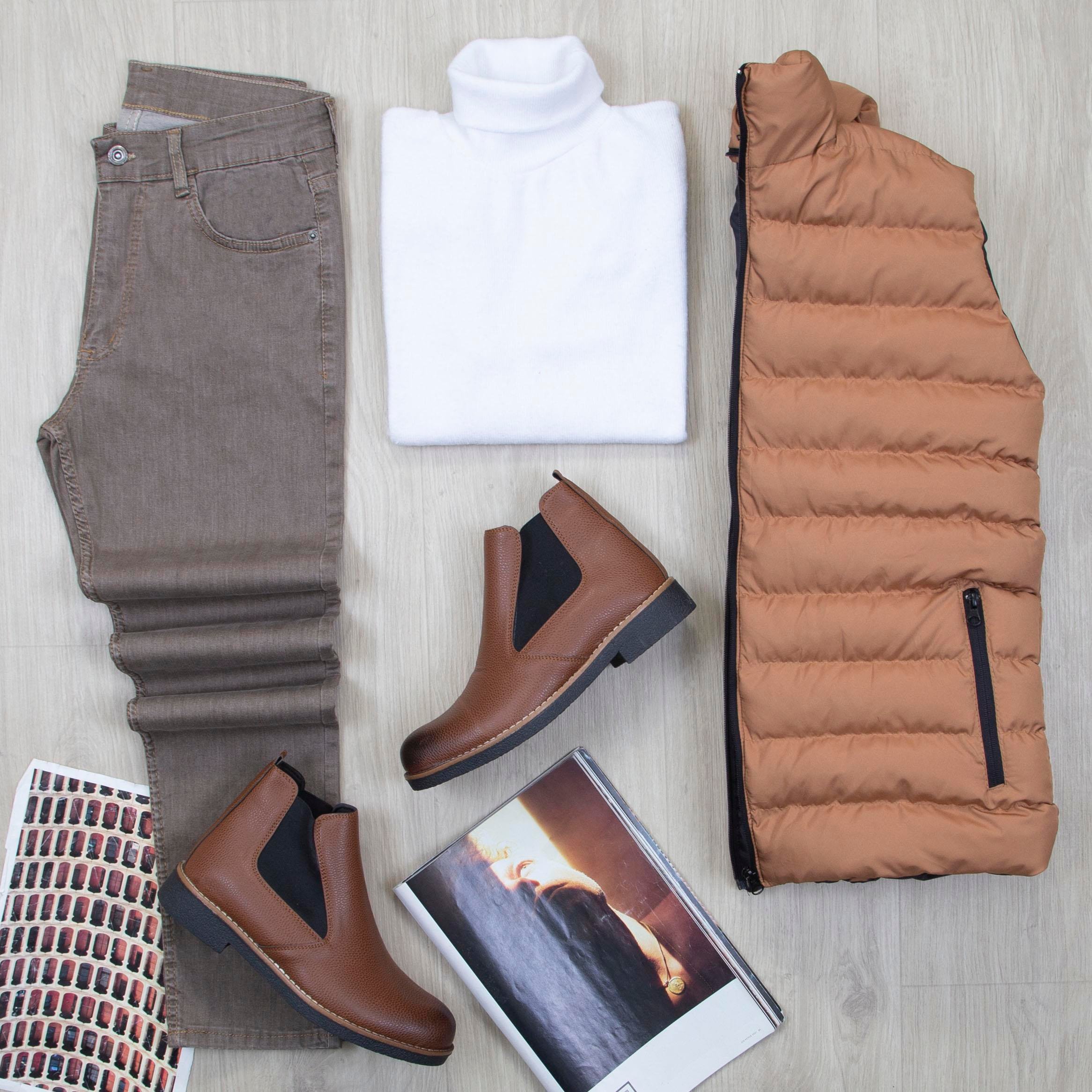 Çıkarılabilir Kapşonlu Taba Şişme Yelek Boğazlı Body Pantolon Bot Kombin