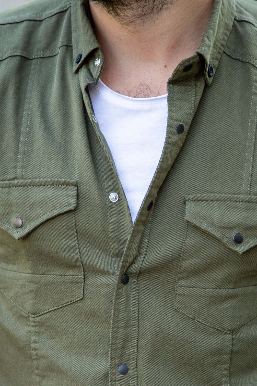 Çıtçıtlı haki spor kot gömlek