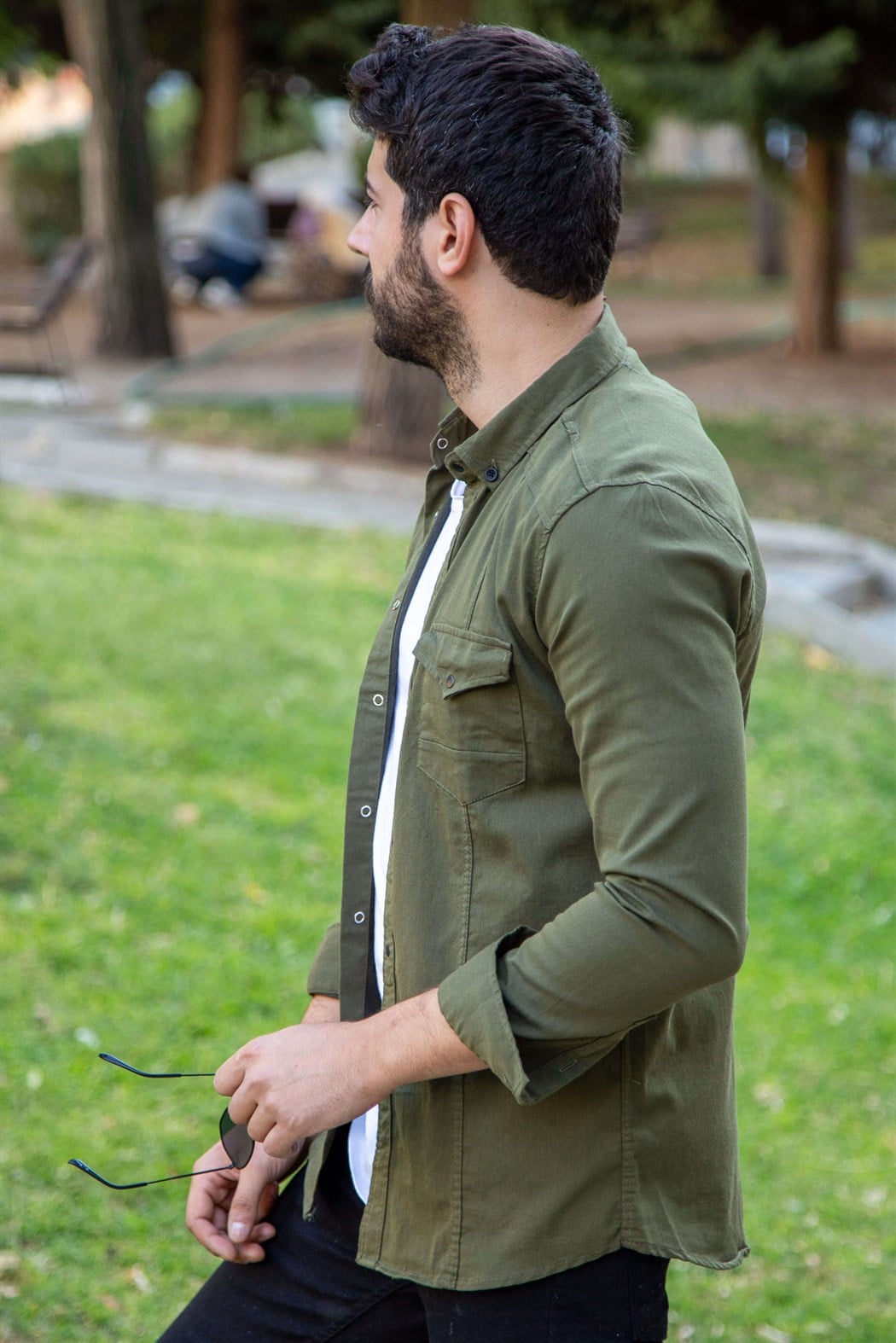 Çıtçıtlı haki spor kot gömlek