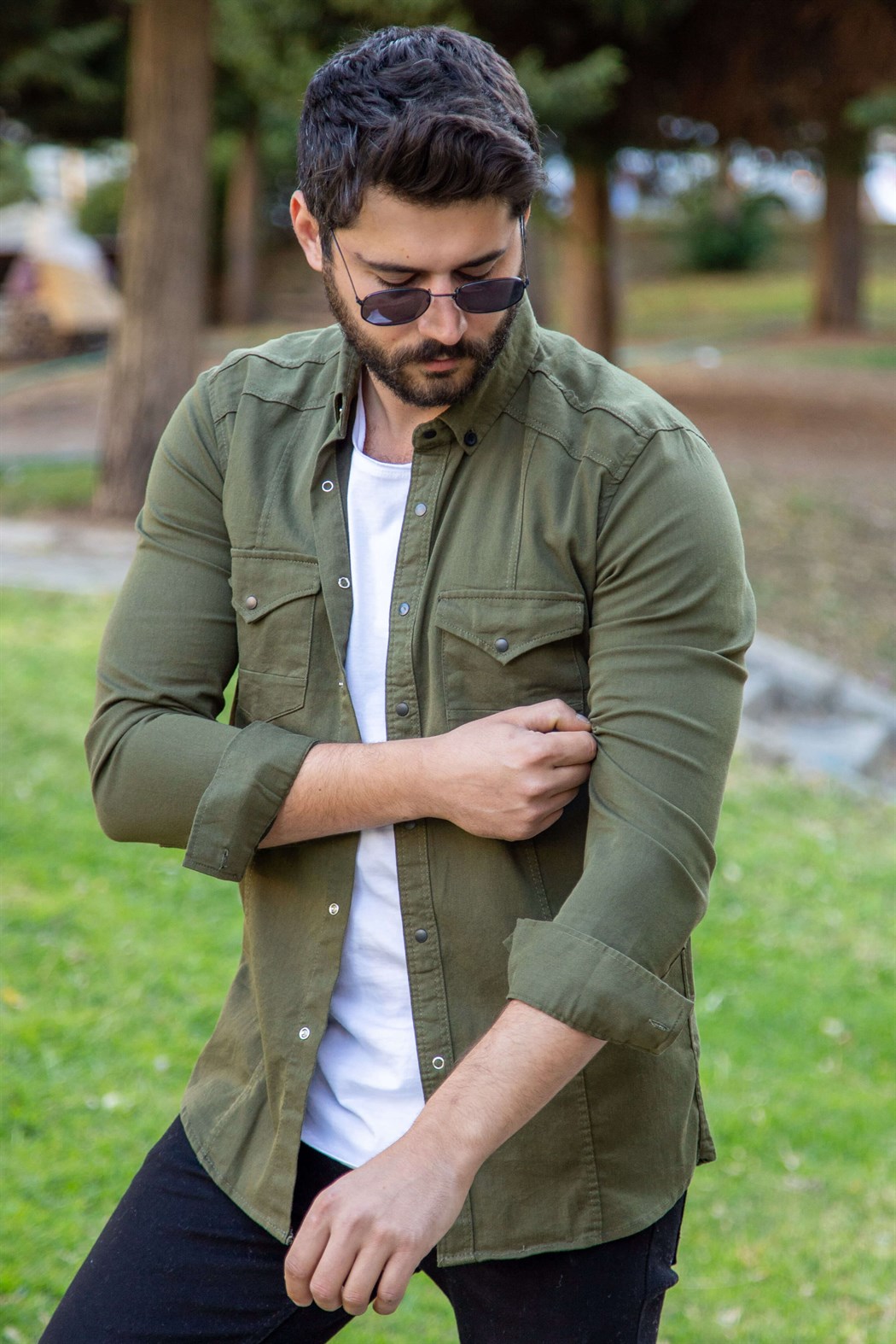 Çıtçıtlı haki spor kot gömlek