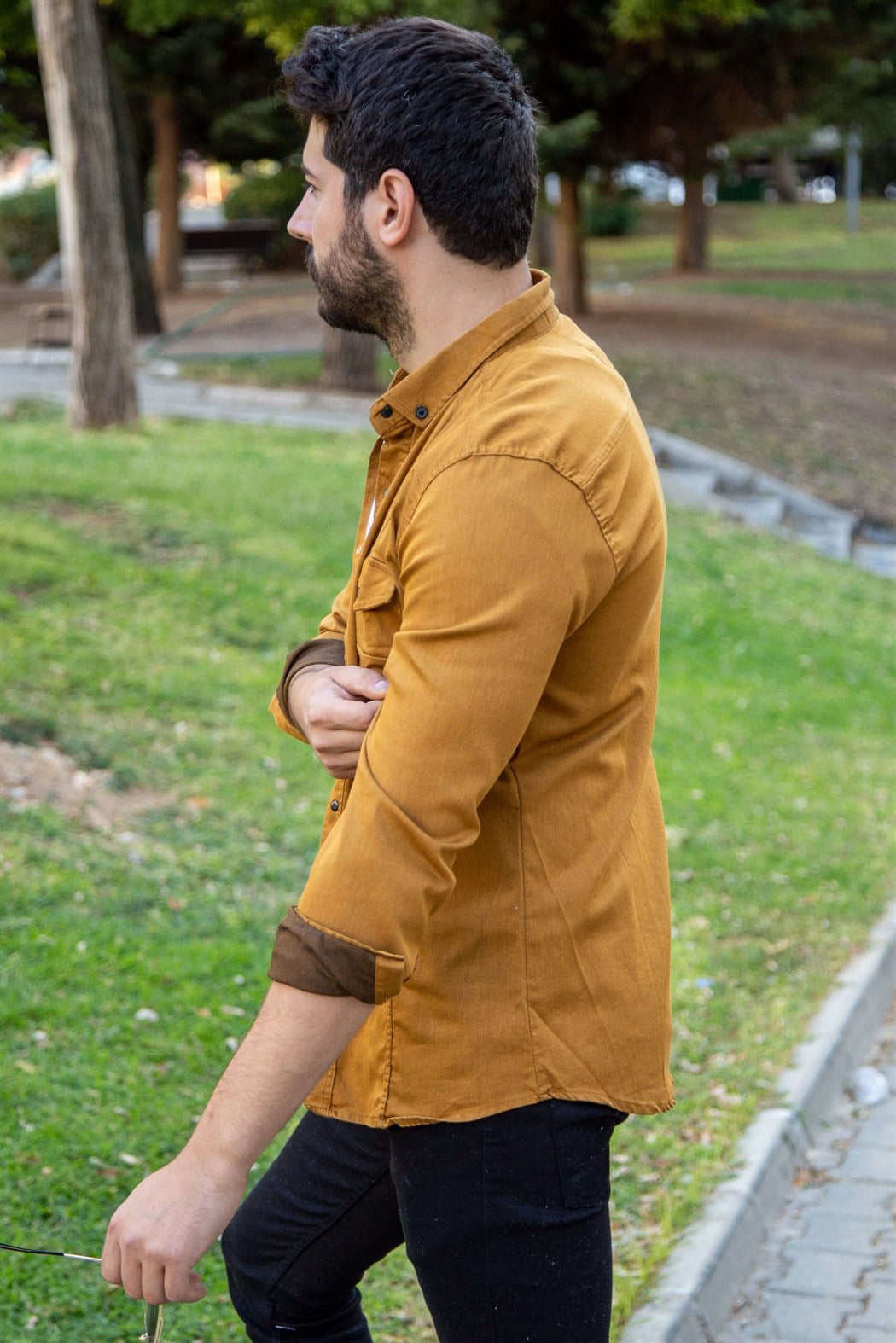 Çıtçıtlı hardal spor kot gömlek