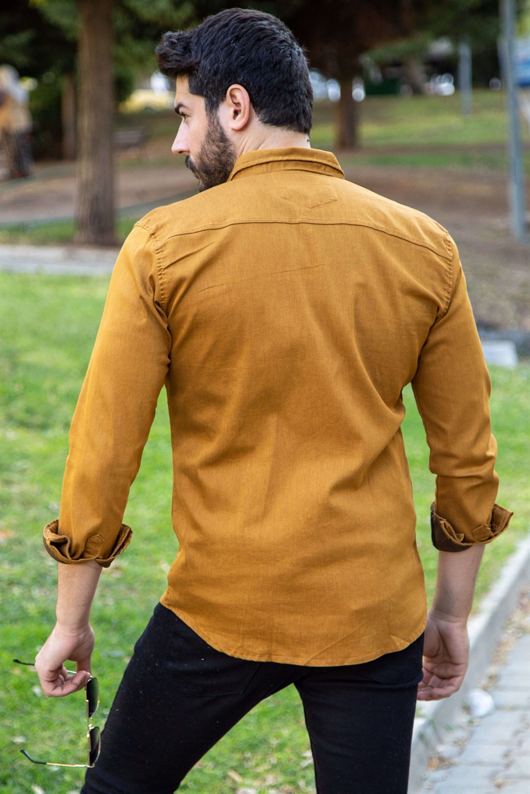 Çıtçıtlı hardal spor kot gömlek