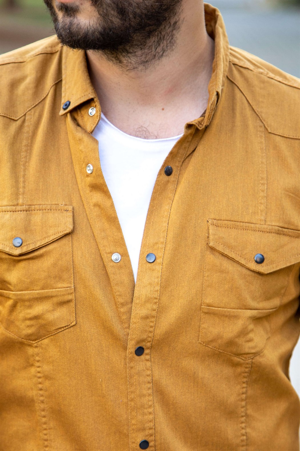 Çıtçıtlı hardal spor kot gömlek