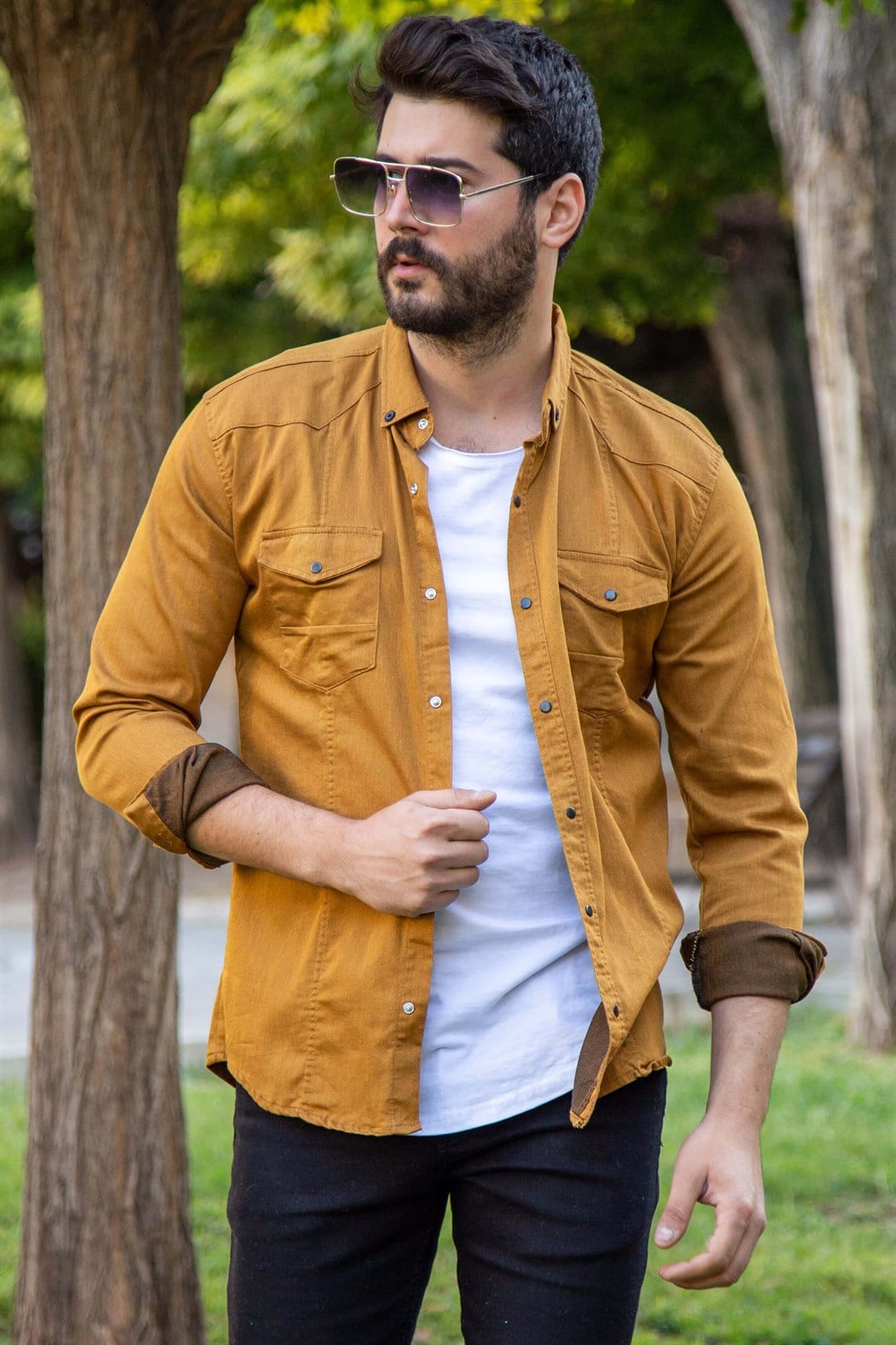 Çıtçıtlı hardal spor kot gömlek