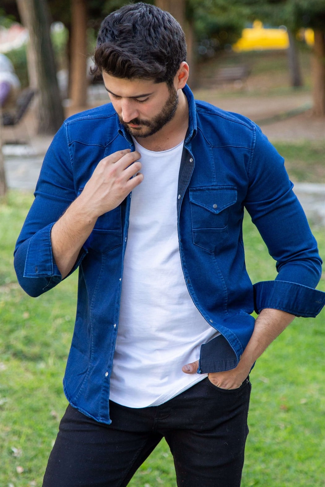 Çıtçıtlı koyu mavi spor kot gömlek