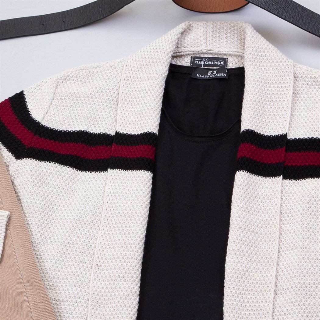 Çizgi Detaylı Bej Hırka Tişört Pantolon Ayakkabı Kombin