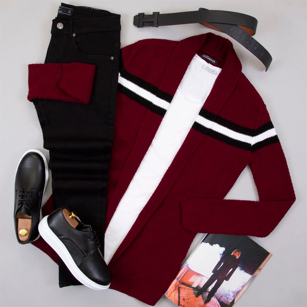 Çizgi Detaylı Bordo Hırka Tişört Pantolon Kombin