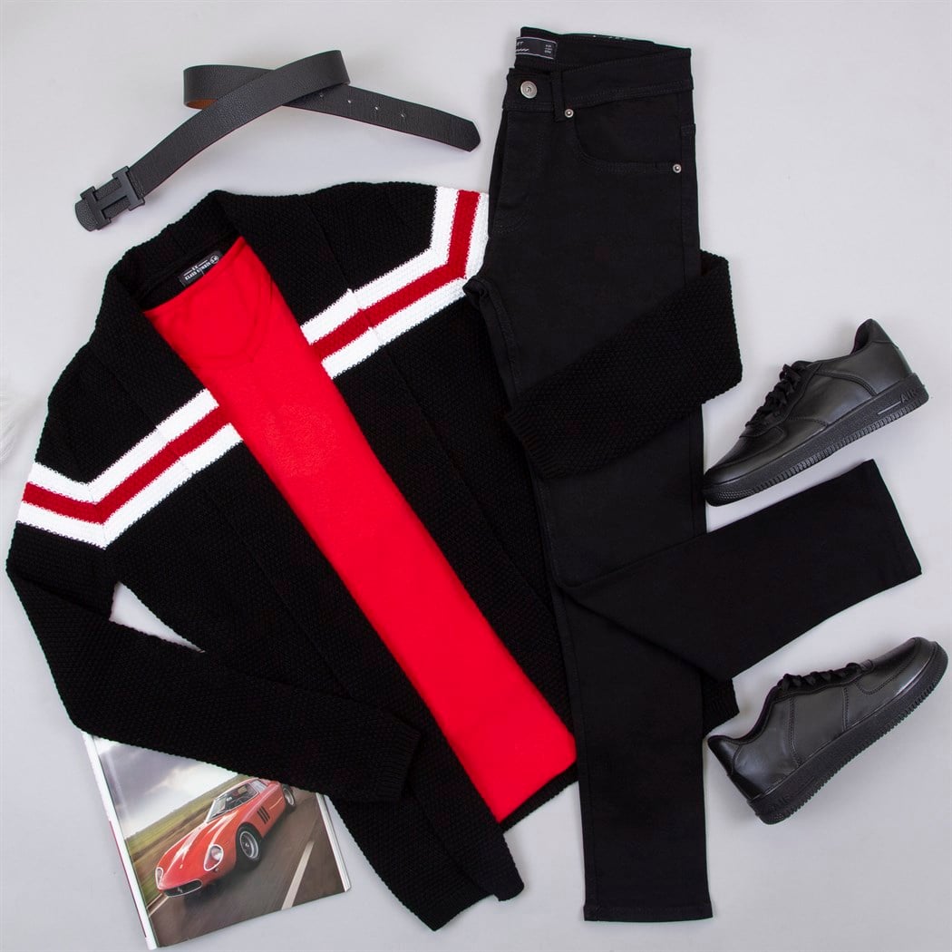 Çizgi Detaylı Siyah Hırka Body Pantolon Ayakkabı Kombin