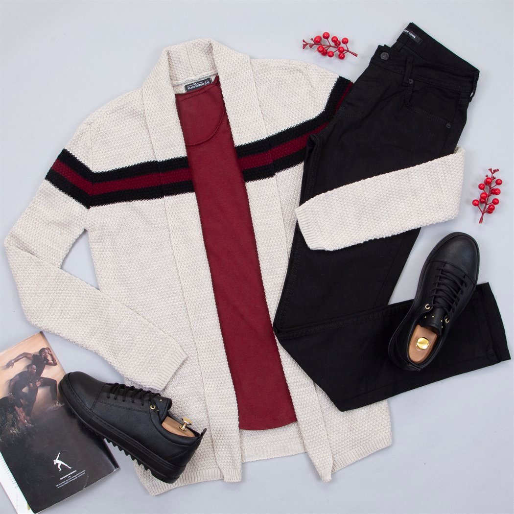 Çizgili Bej Hırka Tişört Pantolon Ayakkabı Kombin