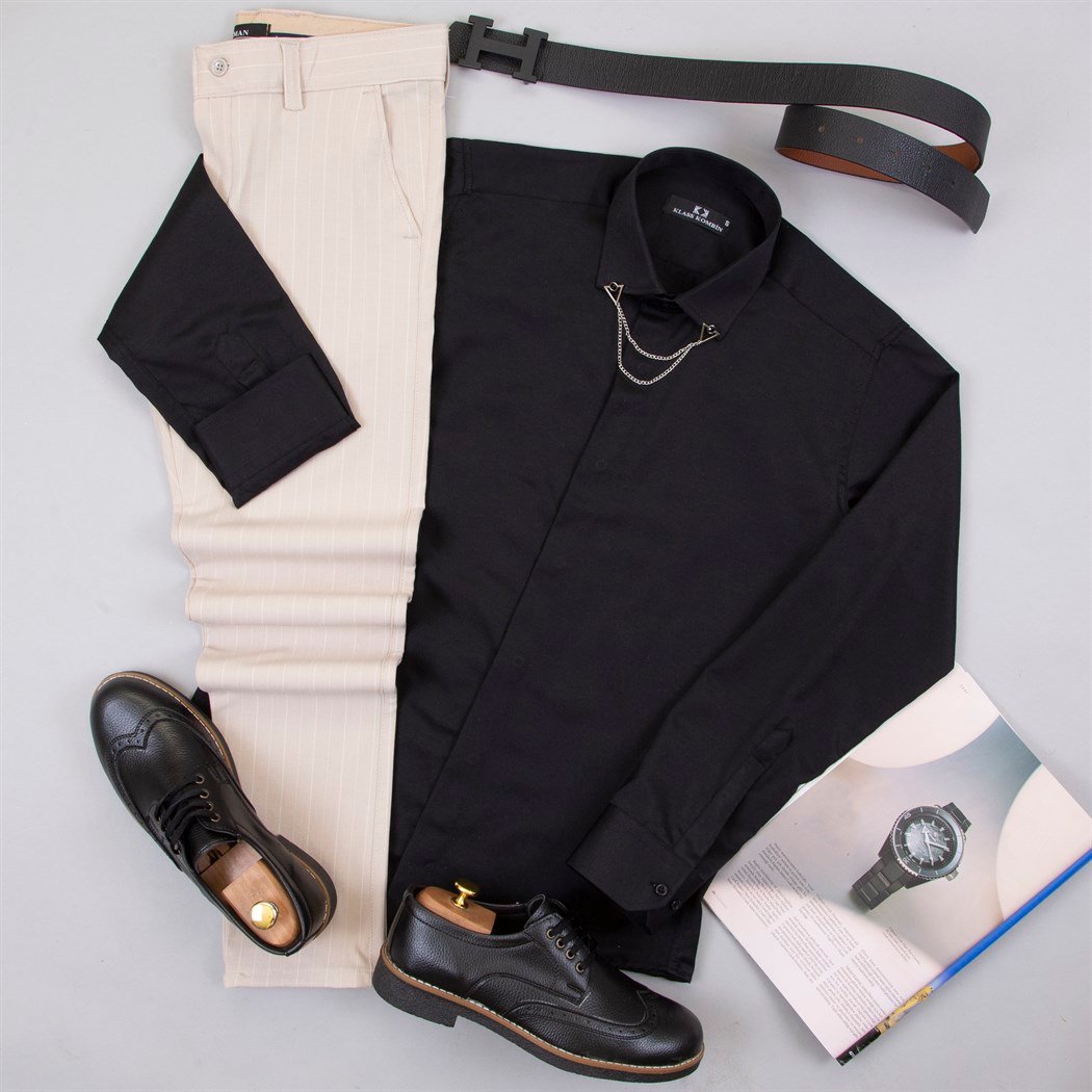 Çizgili Bej Pantolon Gömlek Ayakkabı Kombin