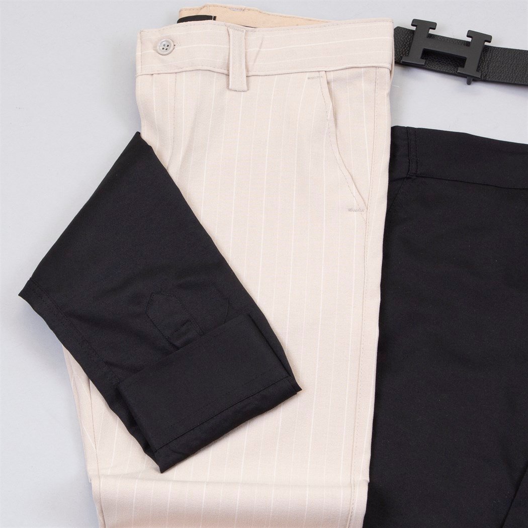 Çizgili Bej Pantolon Gömlek Ayakkabı Kombin