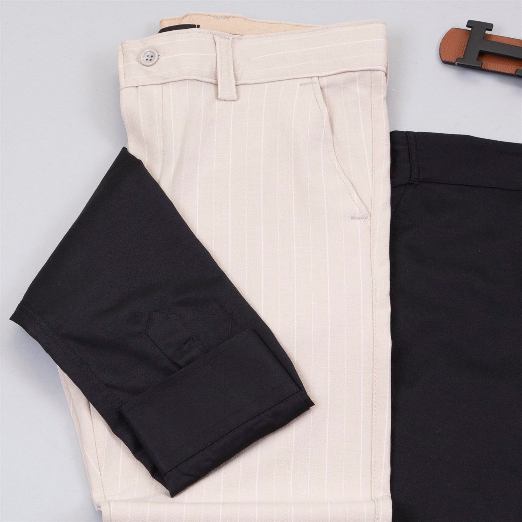 Çizgili Bej Pantolon Gömlek Ayakkabı Kombin