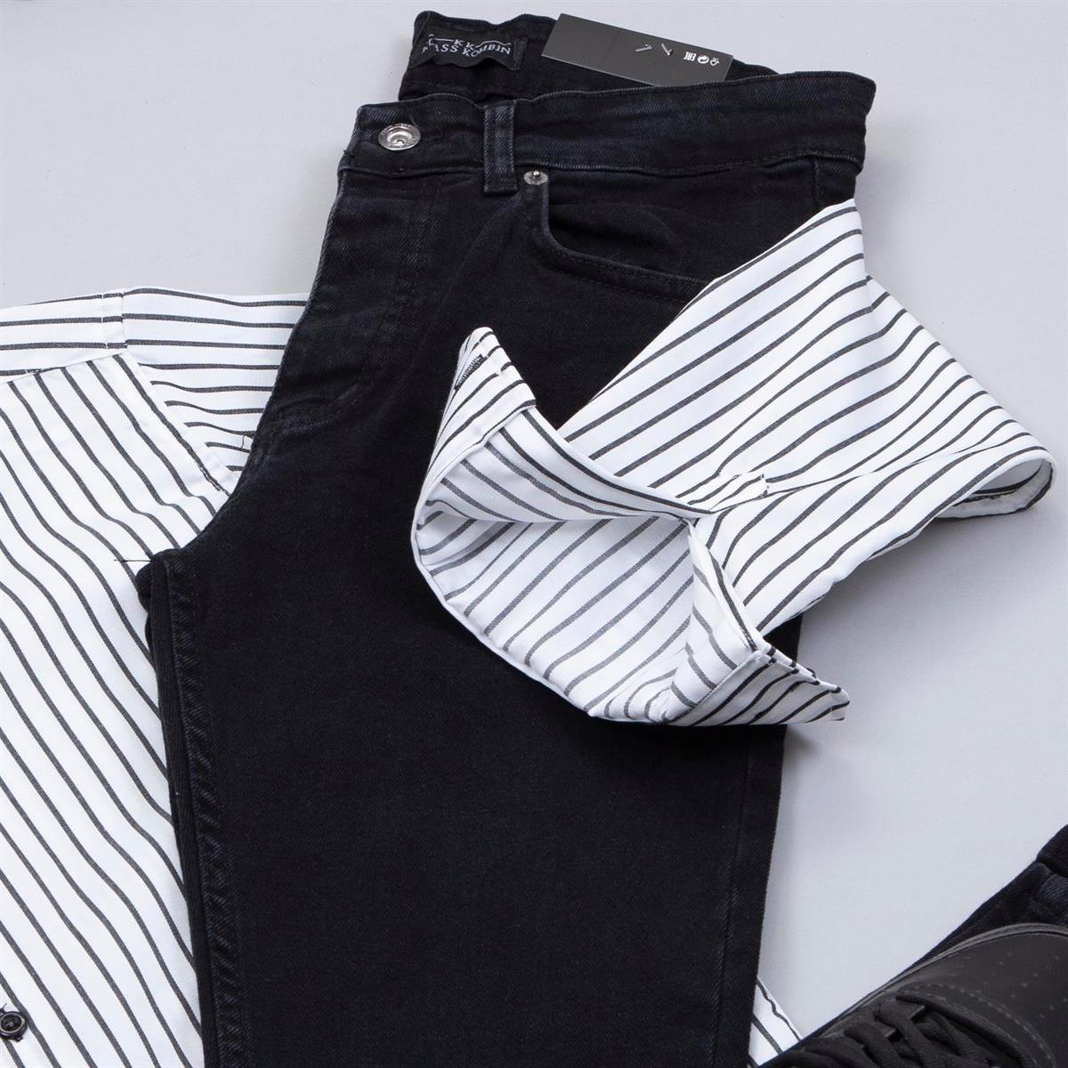 Çizgili Beyaz Gömlek Pantolon Ayakkabı Kombin